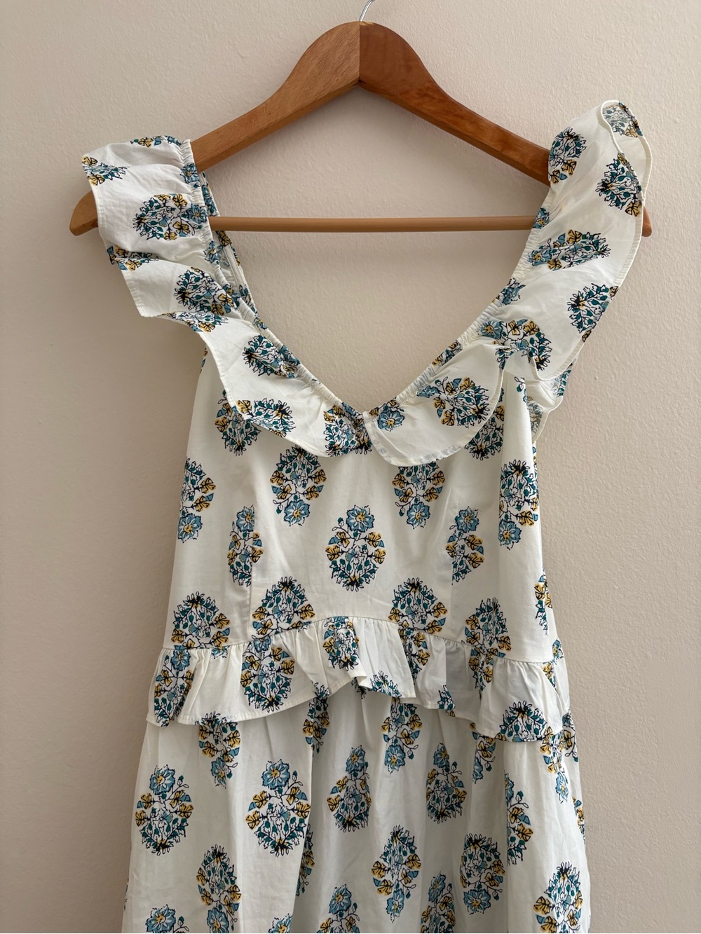 J. Crew Cream Midi Dress with Blue and Yellow Floral Print
